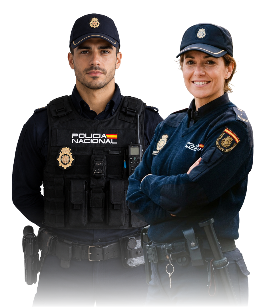 Policía Nacional, hombre y mujer de uniforme, preparados con la academia Jurispol